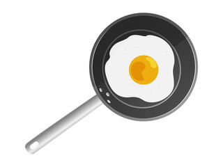 Black frying pan with fried egg on white background. Vector illustration.