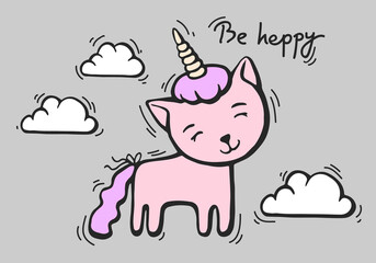 Cute white cat unicorn with horn on sky background with Clouds. Hand drawn vector illustration for t shirt printing and embroidery.