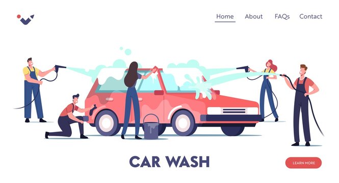Car Wash Service Landing Page Template. Worker Characters Wearing Uniform Lathering Automobile with Sponge, Cleaning