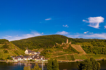Fototapeta na wymiar Panorama view from the opposite, left bank of the Moselle on Beilstein with Metternich Castle, Germany. Drone photography.