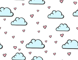 Simple seamless pattern with clouds and hearts. Vector illustration. Cute baby background for textile. Love. Happy Valentine