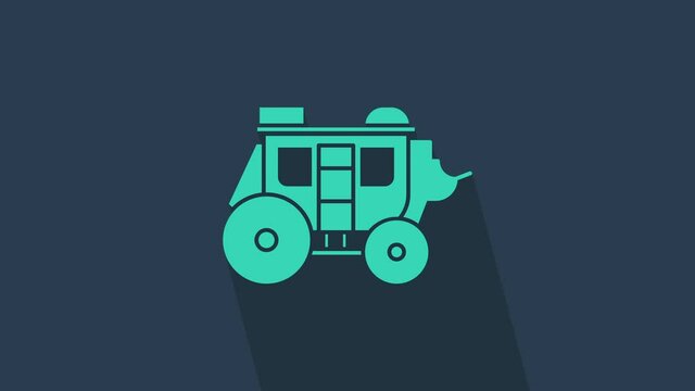 Turquoise Western stagecoach icon isolated on blue background. 4K Video motion graphic animation.