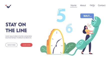 Long Waiting Landing Page Template. Tiny Female Character Hold Huge Telephone Tube near Melting Clock. Support Service