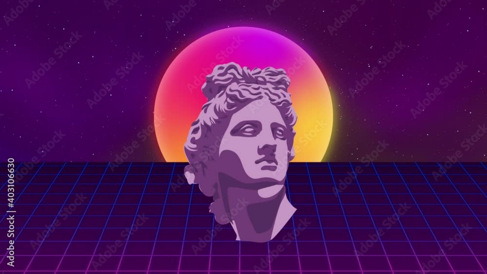 Poster synthwave wireframe net. sunset and apollo head. 80s style, retro futurism background. vhs intro. cy