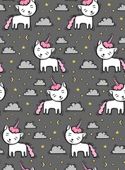 Cute pattern with line cat unicorn with horn on sky background with cloud and hearts. Hand drawn vector illustration for textile or wallpaper.