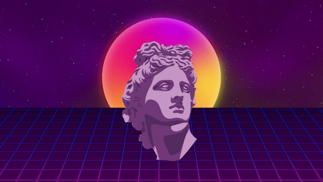 synthwave wireframe net. Sunset  and apollo head. 80s style, Retro Futurism Background. VHS intro. cyberpunk style. horizon landscape, neon lights, starry sky. vintage Seamless loop in 4k. Vaporwave