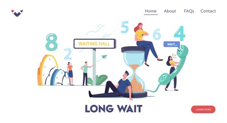 Long Wait Landing Page Template. Tired and Bored Characters Too Long Waiting in Office Hall, Airport or Hospital Lobby