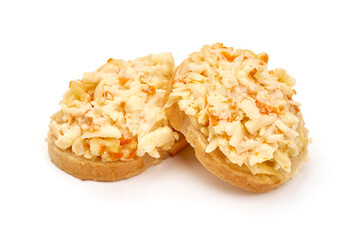Snack with cheese, eggs and carrot filling, isolated on white background