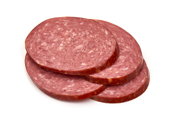 Smoked salami slices, isolated on white background