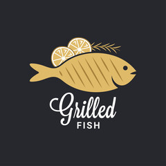 Grilled fish logo. Fish with lemon and rosemary