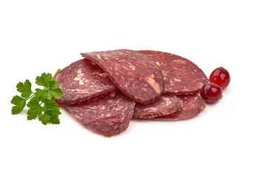 Obraz premium Dry sausage slices, cured sausages, isolated on white background