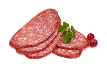 Smoked salami slices, isolated on white background
