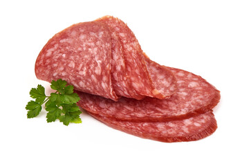 Smoked salami slices, isolated on white background