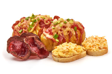 Stuffed baked potatoes with cheese and salami, loaded potato, isolated on white background