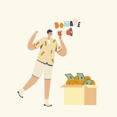 Donation, Charity Concept. Volunteer Male Character Yell to Megaphone Call to Collect Money for Fundraising Purposes