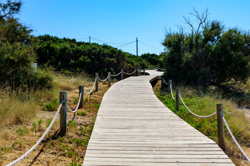 Pasarela de madera natural en playa sobre la arena camino hacia el mar