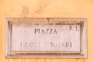 Piazza degli Zingari street name sign, in the central Monti district, Rome, Italy