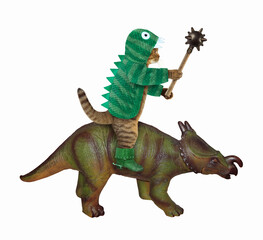 A cat in green dragon clothing and boots with a spiked mace rides dinosaur. White background. Isolated.