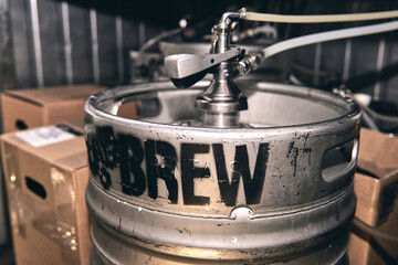 Private brewery manufacture of craft beer. Equipment for the preparation of beer. Cold room of pub