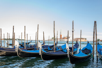 Fototapeta na wymiar Grand canal with gondolas in travel Europe Venice city, Italy. Old italian architecture with landmark bridge, romantic boat. Venezia.