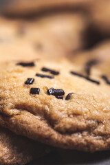 Chocolate tiny pieces on homemade cookies closeup