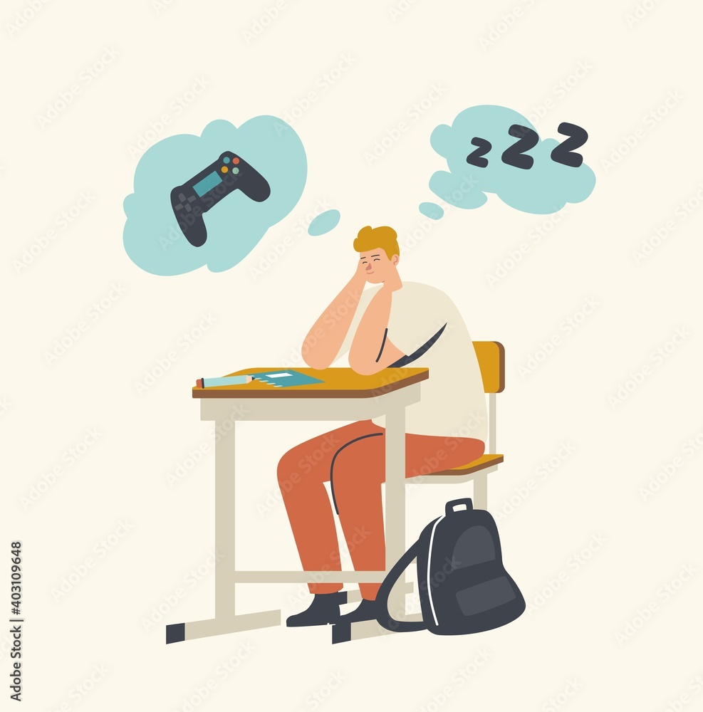 Aufkleber boring student teenager sitting at desk with closed eyes listening lecture on lesson and think of co