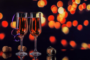 Two glasses of rose champagne and Christmas or New Year decoration with a golden light bokeh on black background. Romantic dinner. Winter holiday concept.