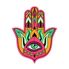 Psychedelic bohemian ethnic hamsa hand of faith vector drawing isolated on white background. Decorative design element, vector illustration.