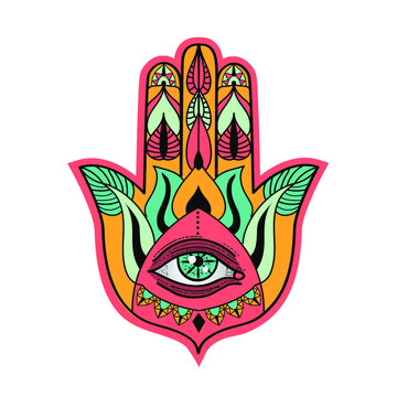 Psychedelic bohemian ethnic hamsa hand of faith vector drawing isolated on white background. Decorative design element, vector illustration.