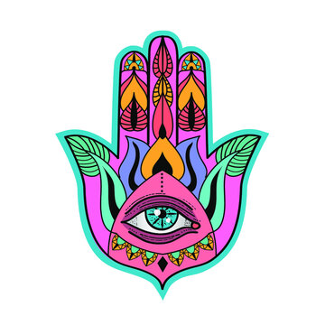 Colorful psychedelic hamsa hand isolated on white background. Boho, bohemian style. Graphic design element. Fatimas hand, symbol of luck, protection and good fortune. Vector illustration.