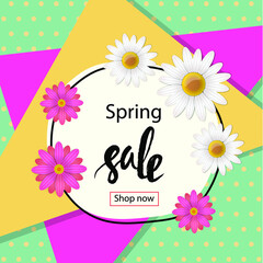 Spring sale modern pop stylebright banner, poster, flyer, design element decorated with white and pink flowers. Vector ullustration.
