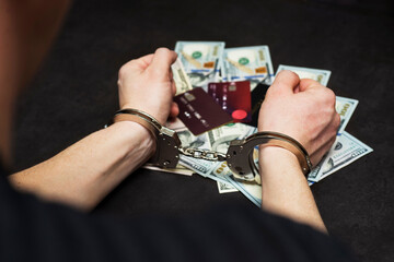 Hands of a fraudster with handcuffs on a background of us dollars and credit cards. Fraud, cyber crime concept