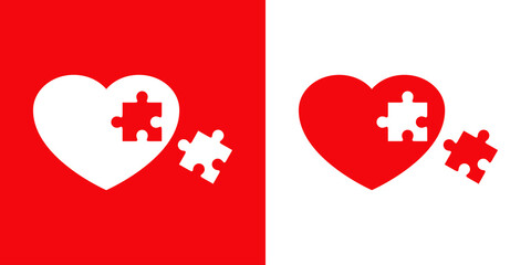 Día de San Valentín. Logotipo con corazón con pieza de puzle en fondo rojo y fondo blanco