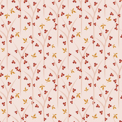 Simple floral seamless pattern. Vector print texture with small flowers, leaves, branches, trees. Elegant botanical composition. Background in beige, brown and yellow color. Repeat decorative design