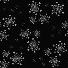 Vector seamless pattern with abstract snowflakes and tiny hearts. Doodle style minimalist background. Black and gray colored texture. Elegant minimal repeat design for decor, print, wrap, wallpapers
