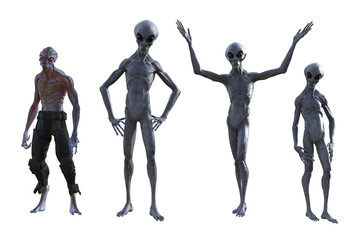Illustration of a group of three gray aliens and another extraterrestrial specie standing in various poses isolated on a white background.