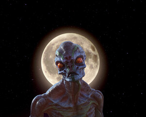 Illustration of an ugly alien with orange red eyes and no ears looking forward with a full moon in space in the background.