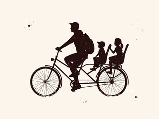 Fototapeta na wymiar Father with children on bicycle. People on bike abstract silhouette