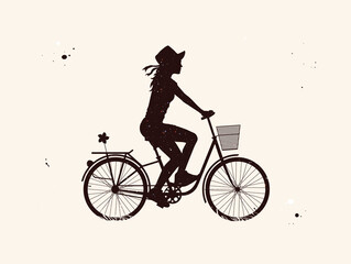 Girl on bicycle. Cyclist on bike abstract silhouette. Night starry sky