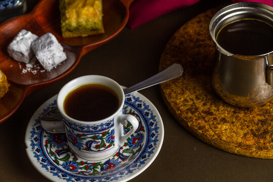 Turkish coffee with baclava and delight.