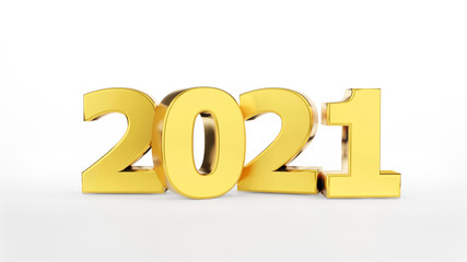 gold inscription 2021 isolated on white background. Happy New Year 2021. Illustration for advertising. 3D rendering.