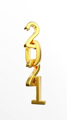 gold inscription 2021 isolated on white background. Happy New Year 2021. Illustration for advertising. 3D rendering.