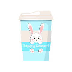 Easter coffee cup with cute bunny rabbit icon isolated on white background. Vector flat cartoon style illustration, drink to go design with sweet traditional hanging animal character print.