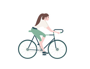 Side view of woman riding green bicycle cartoon character design flat vector illustration isolated on white background