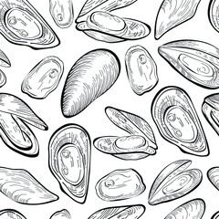 mussels food, hand drawn vector seamless pattern isolated on white background. Concept for logo, menu, cards print , wallpaper