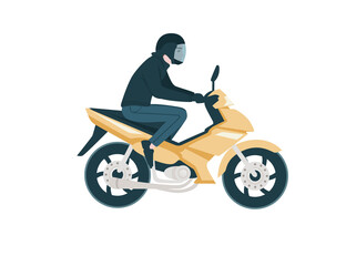 Side view of man riding yellow modern motorcycle cartoon character design flat vector illustration isolated on white background