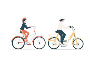Obraz premium Side view of man and woman riding bicycle cartoon character design flat vector illustration isolated on white background