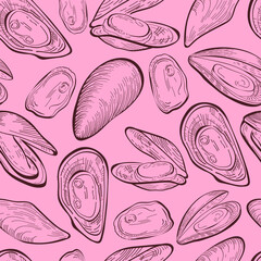 mussels food, hand drawn vector seamless pattern isolated on pink background. Concept for logo, menu, cards print , wallpaper