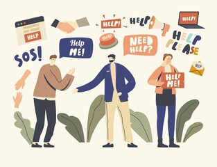 Request for Help Concept. Male and Female Characters in Need Asking for Support. Financial or Health Problems, Hardship