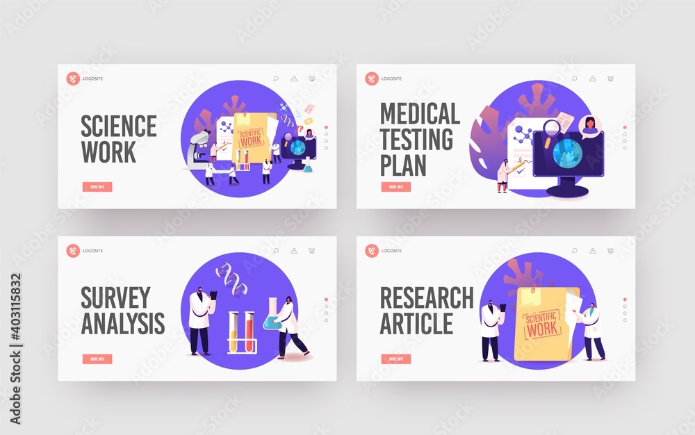 Poster medic character scientific work landing page template set. medical analysis with microscope and flas